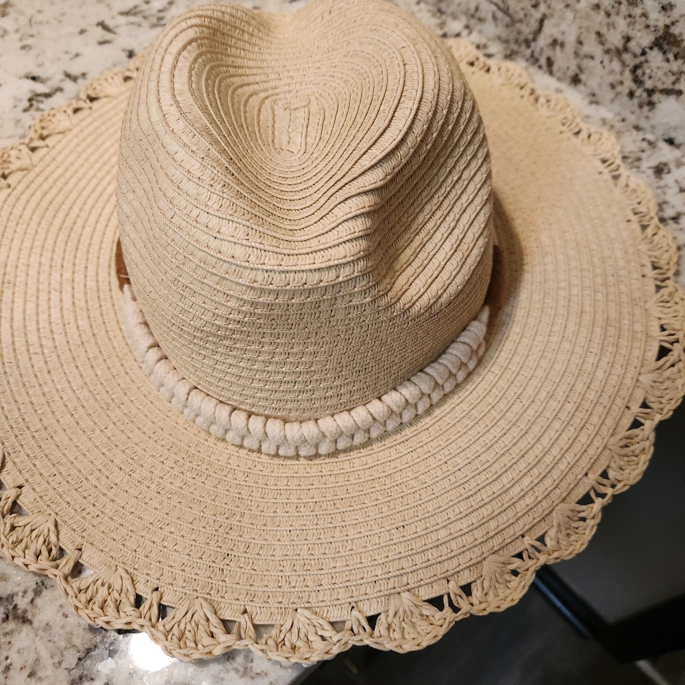 New York & Company Tan Floppy Wide-Brimmed Hat with Frayed Edges - Picture 1 of 5